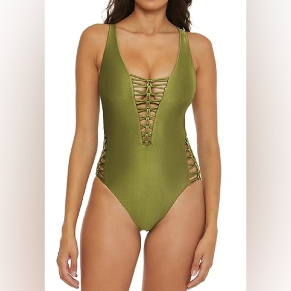 Becca By Rebecca Virtue Women's Standard Color Sheen One Piece Swimsuit, Agave M - Picture 3 of 9
